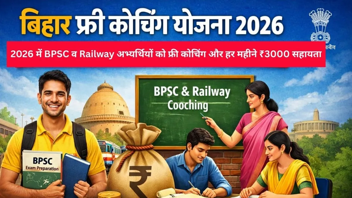 Bihar Free Coaching Yojana 2026: बिहार सरकार दे रही है फ्री मे BPSC & Railway कोचिंग का लाभ, हर महीने ₹3000 मिलेगा